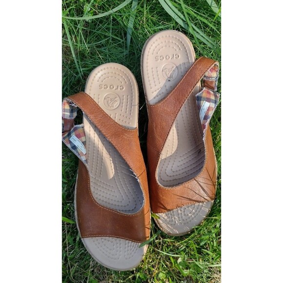 Crocs A-Leigh Brown Leather Slingback Cork Wedge Sandal - Picture 1 of 6